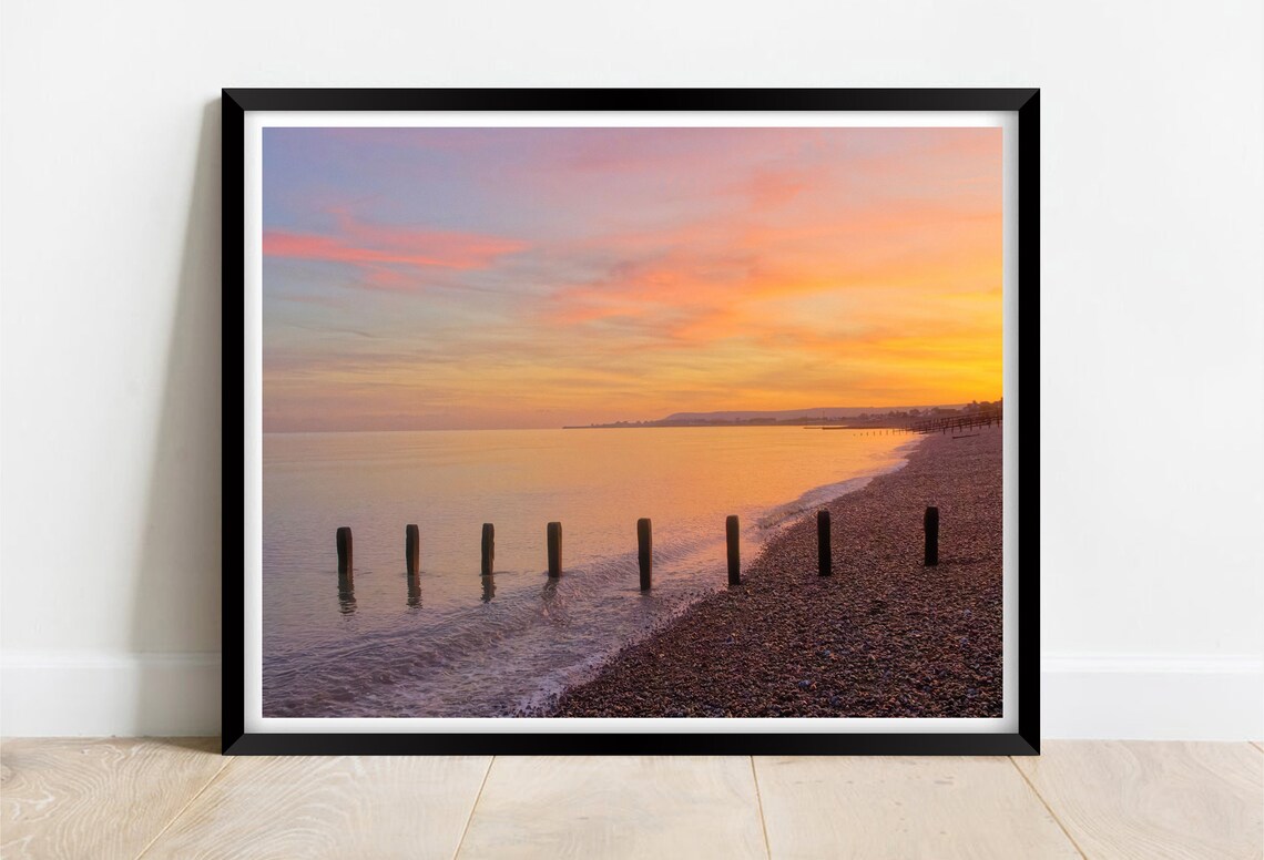 Pevensey Bay East Sussex Sunset Shingle Beach Groynes Poster