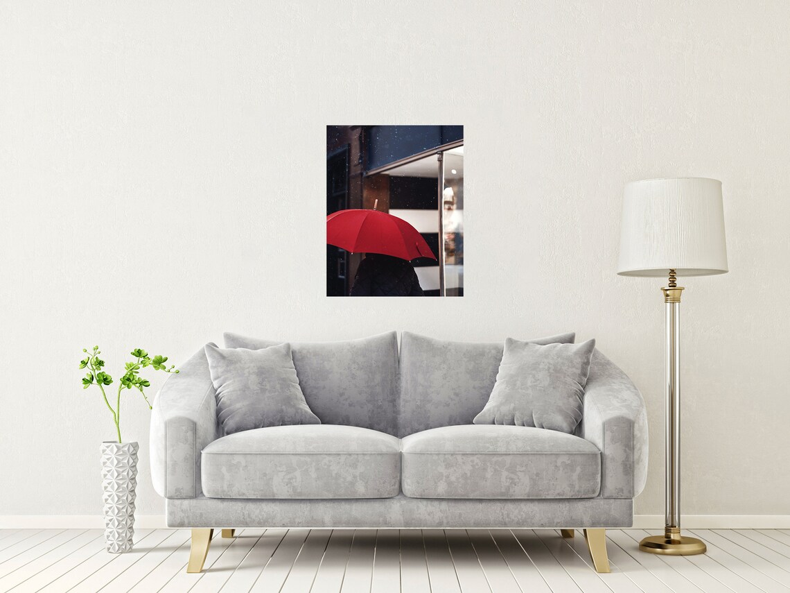 Red Umbrella In Rain City Street Night Moody Urban Photo Poster - Image 2