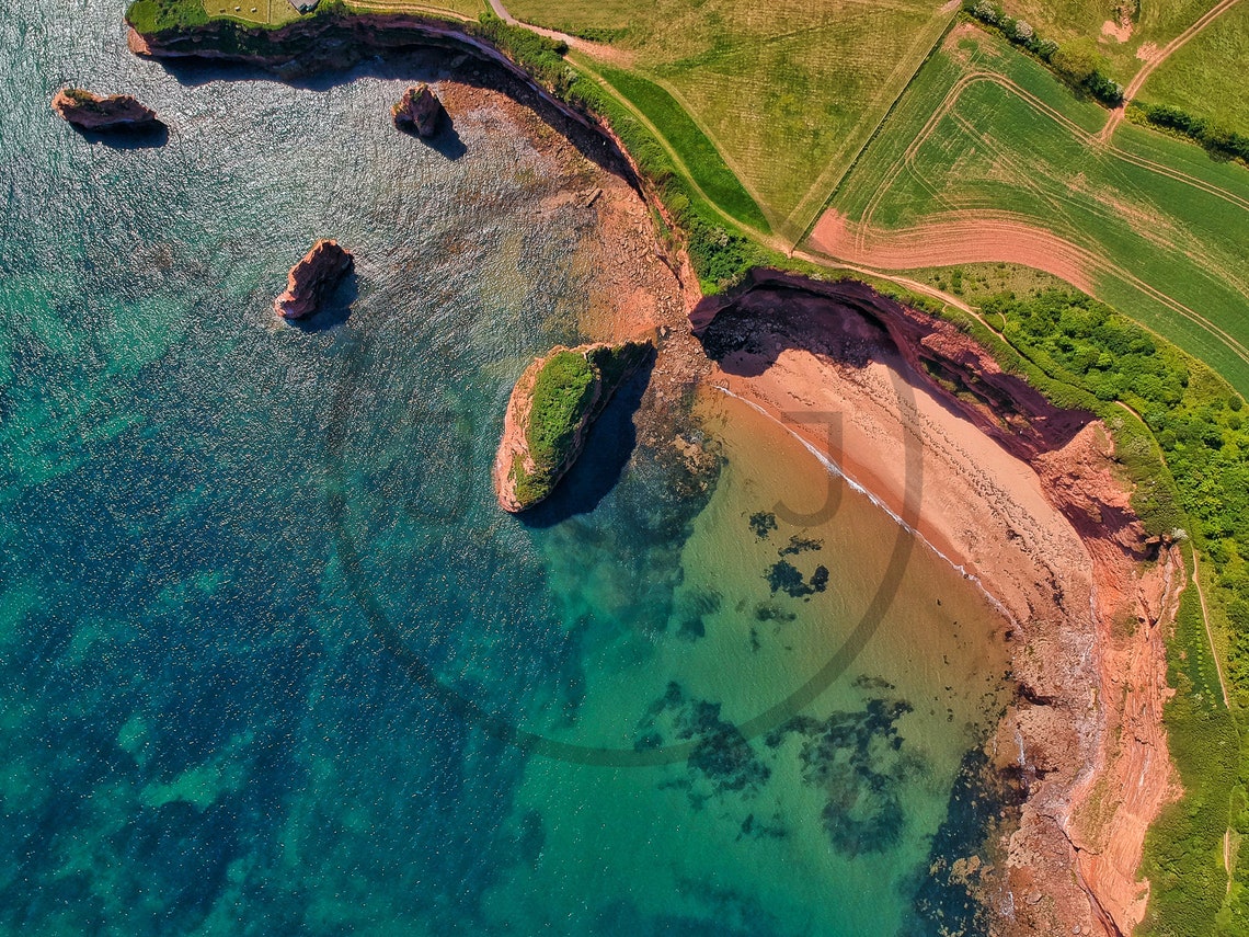 Ladram Bay Beach Devon Aerial Red Cliffs And Sea Stacks Poster - Image 3