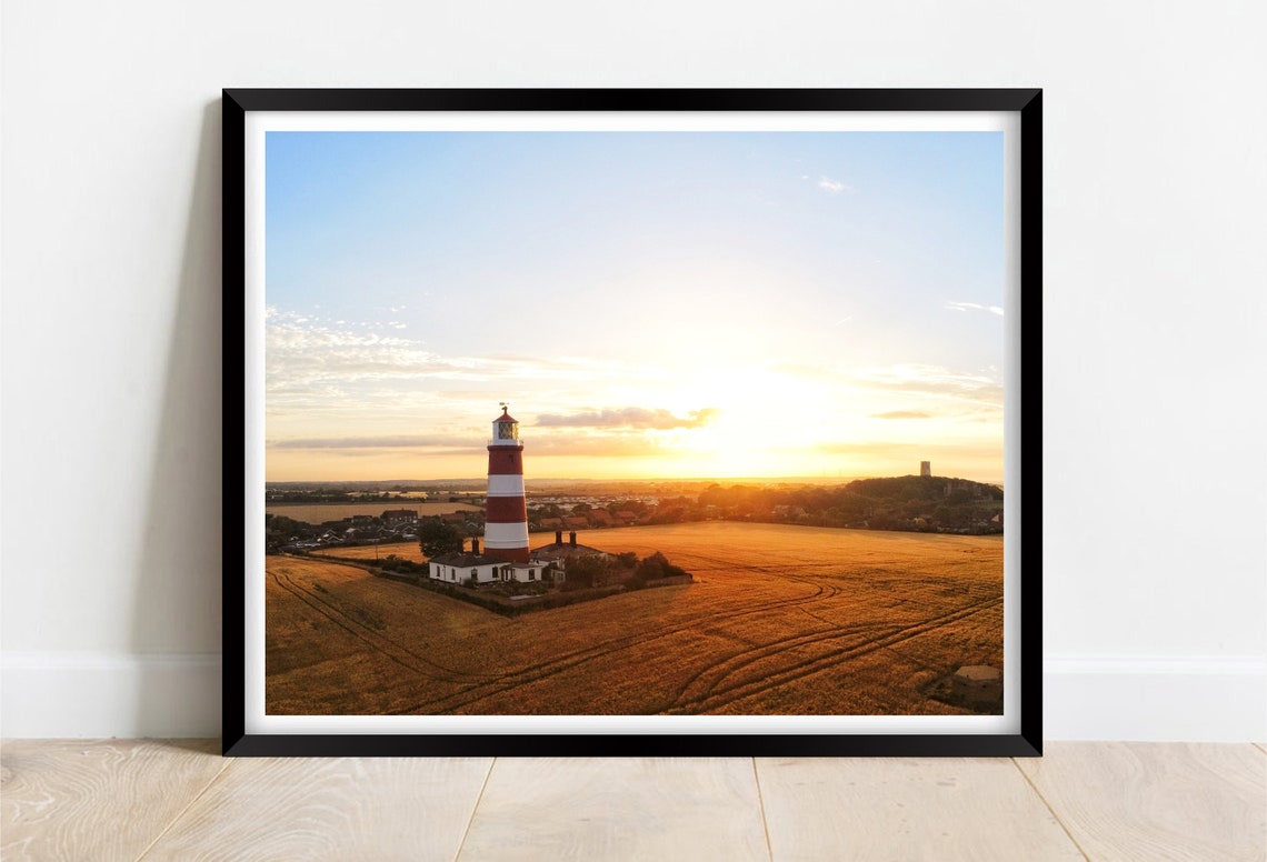 Happisburgh Lighthouse Norfolk Sunset Golden Fields Photo Poster