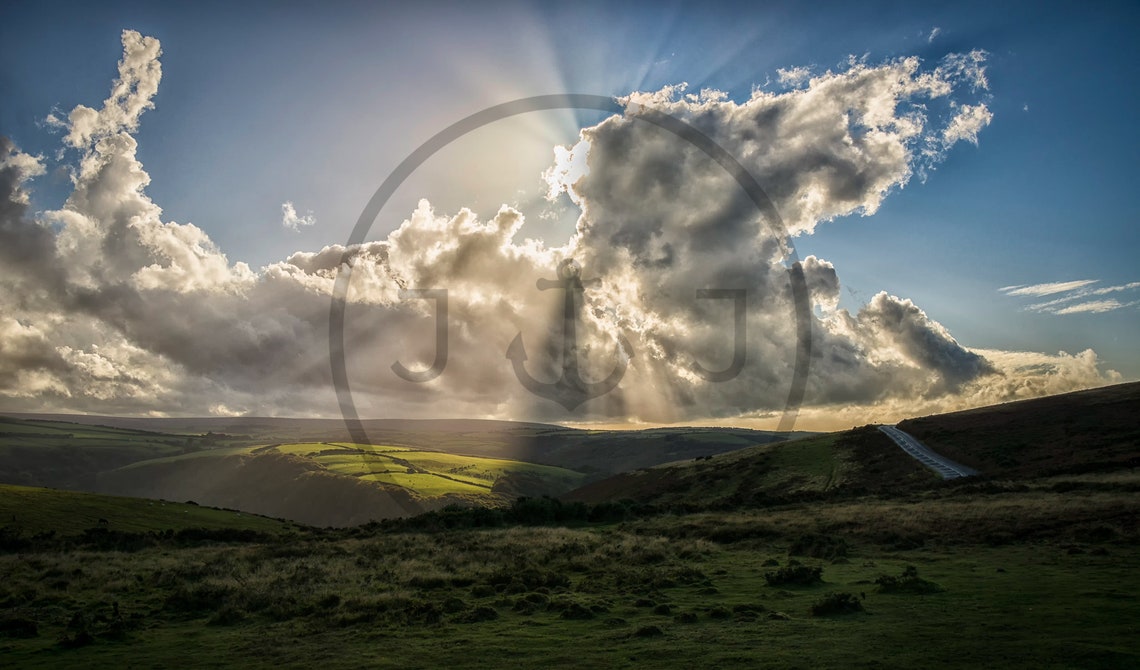 Light Rays Over Exmoor National Park Valley Landscape Poster - Image 3
