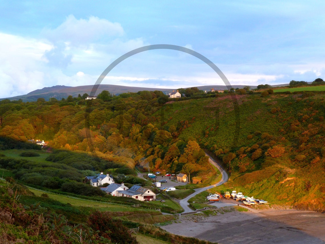 Pwllgwaelod Beach Evening Light Over Valley Cottages Wales Poster - Image 3