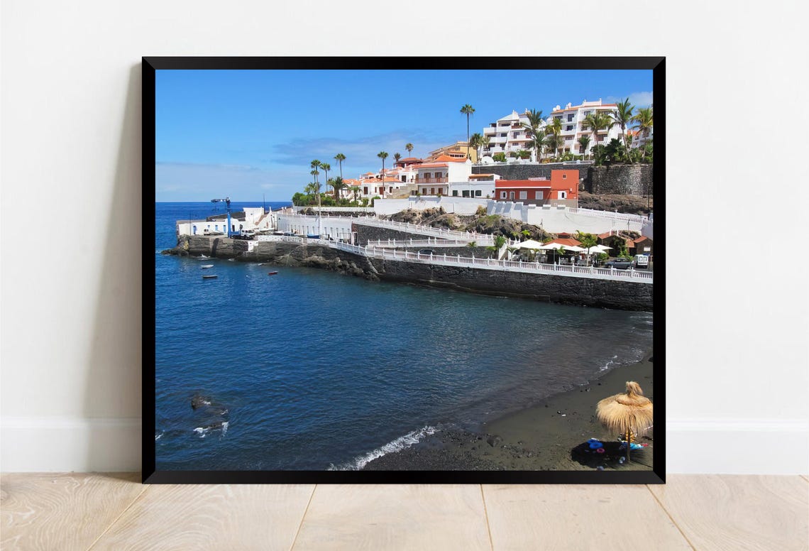 Black Sand Beach Whitewashed Coastal Town Volcanic Shore Poster - Image 2