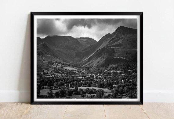 Keswick Lake District Black And White Fells Mountain Valley Poster