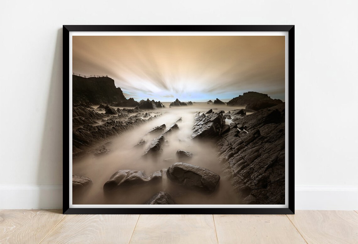 Hartland Quay Devon Long Exposure Rocky Shore Golden Sky Poster