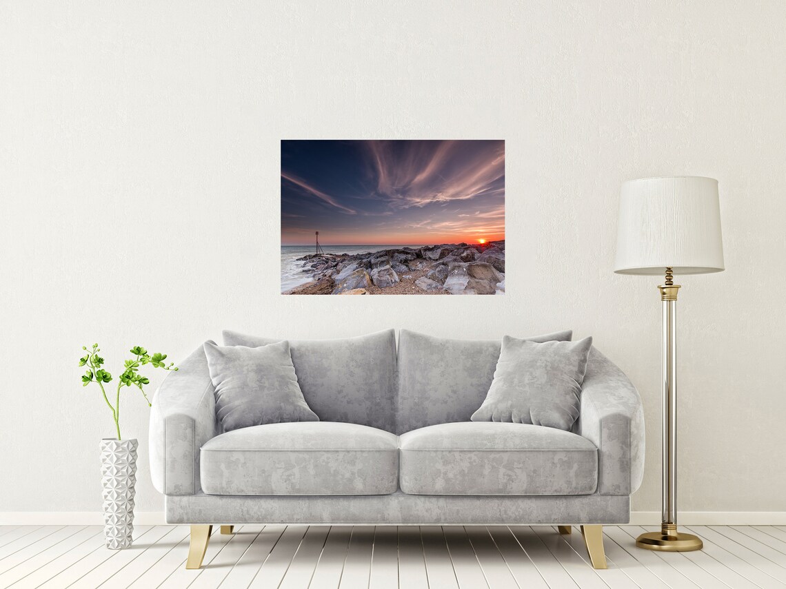 Goring by Sea Sunset with Rocky Beach and Glowing Orange Sun Poster - Image 2