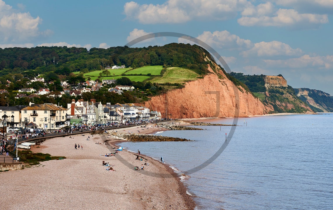Sidmouth Beach And Red Sandstone Cliffs On Devon Coastline Poster - Image 3