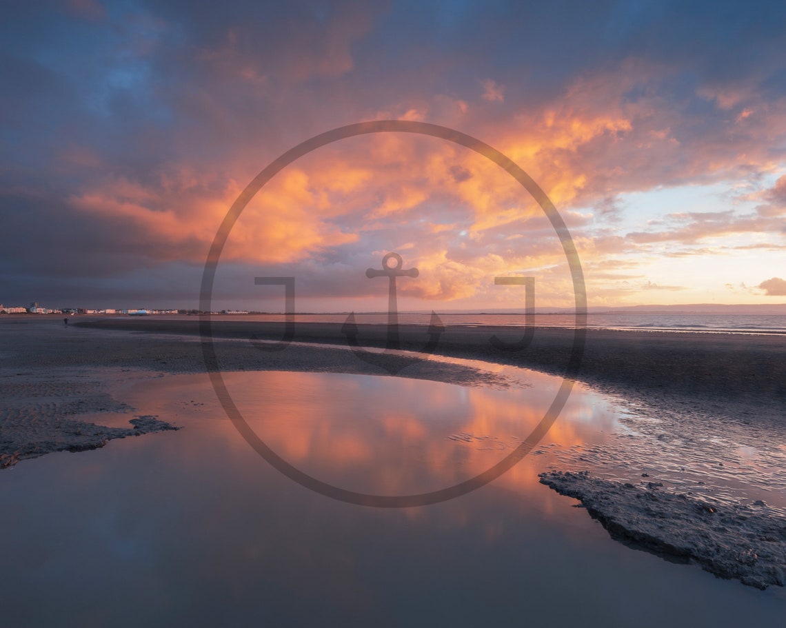 Fiery Sunset Reflected in a Still Tidal Pool on the Beach Poster - Image 3