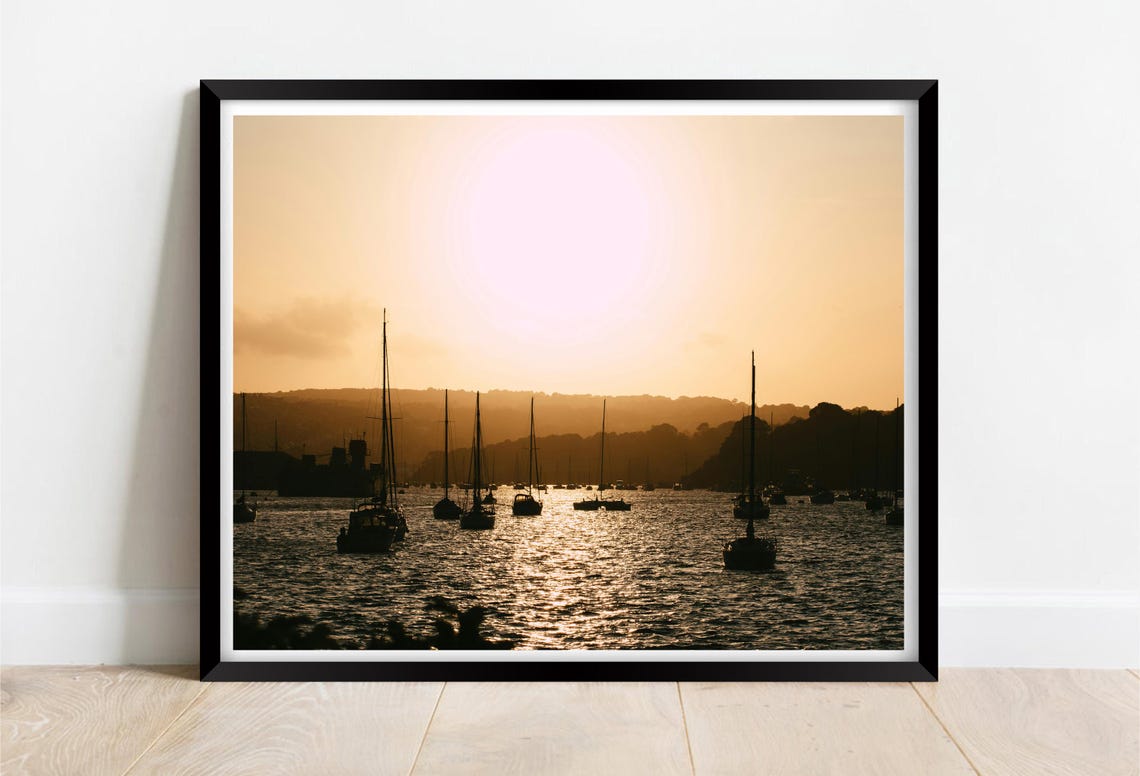 Falmouth Cornwall Sunset Sailboats Golden Harbour Photo Poster