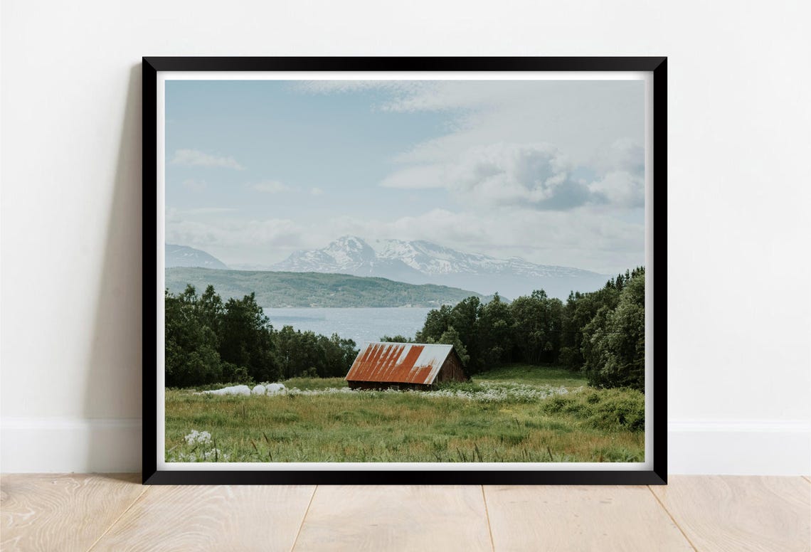 Rustic Red Roof Barn Meadow Snowy Mountains Lake View Poster