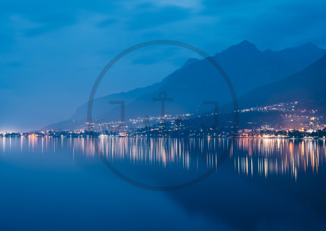 Lake Como Italy Blue Hour Twilight Mountain Lights Reflection Poster - Image 3