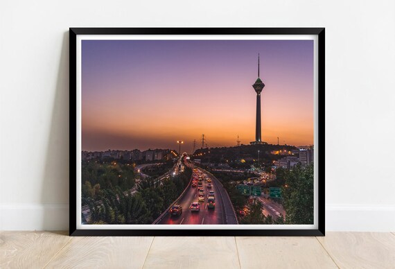 Milad Tower Tehran At Sunset Above Glowing Highway Traffic Poster