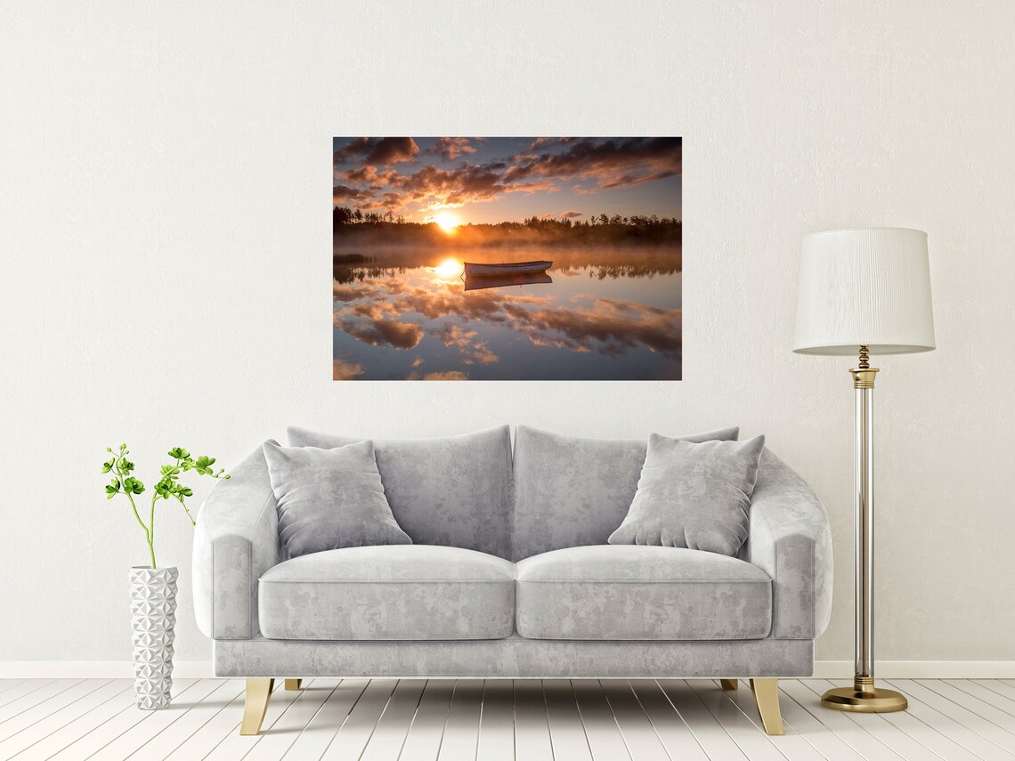 Lone Wooden Rowboat on a Misty Lake at Golden Sunrise Poster - Image 2