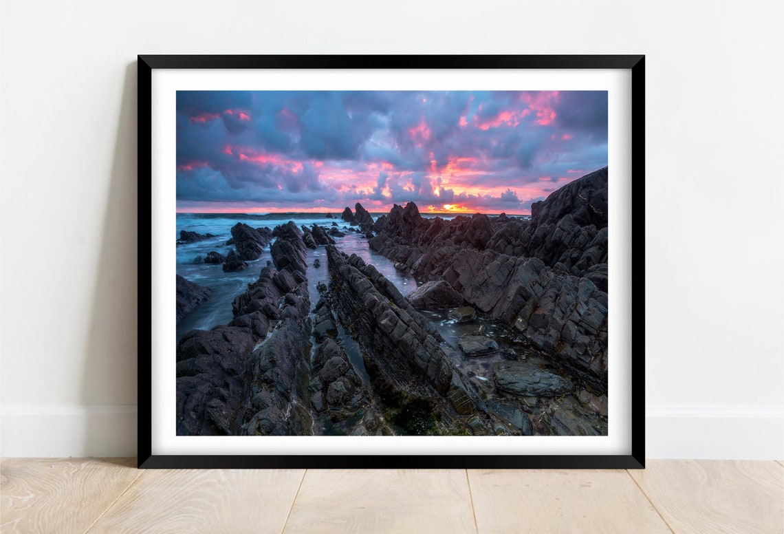 Welcombe Mouth Beach Devon Sunset Over Jagged Rocks Scene Poster