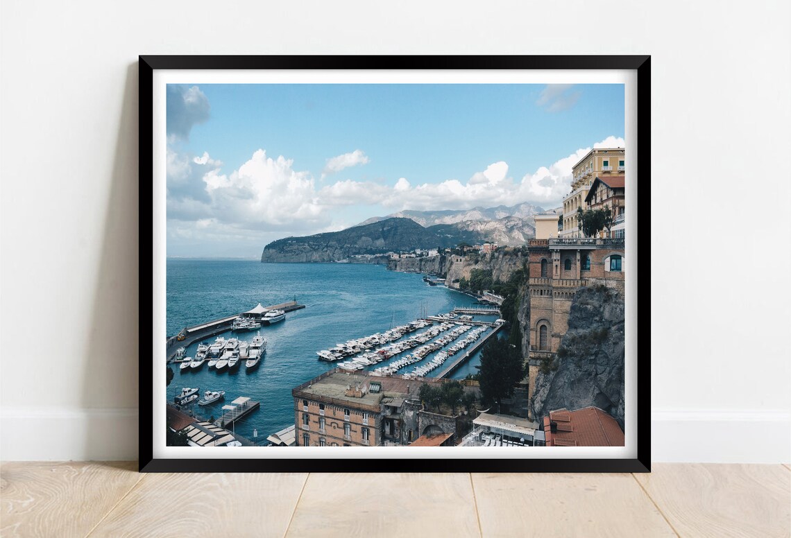 Sorrento Italy Yacht Marina Harbor with Cliff Town View Poster