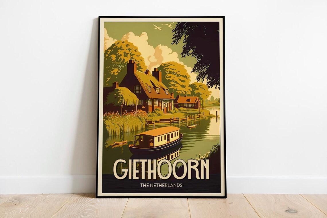 Giethoorn Netherlands Thatched Cottage Canal Vintage Travel Poster