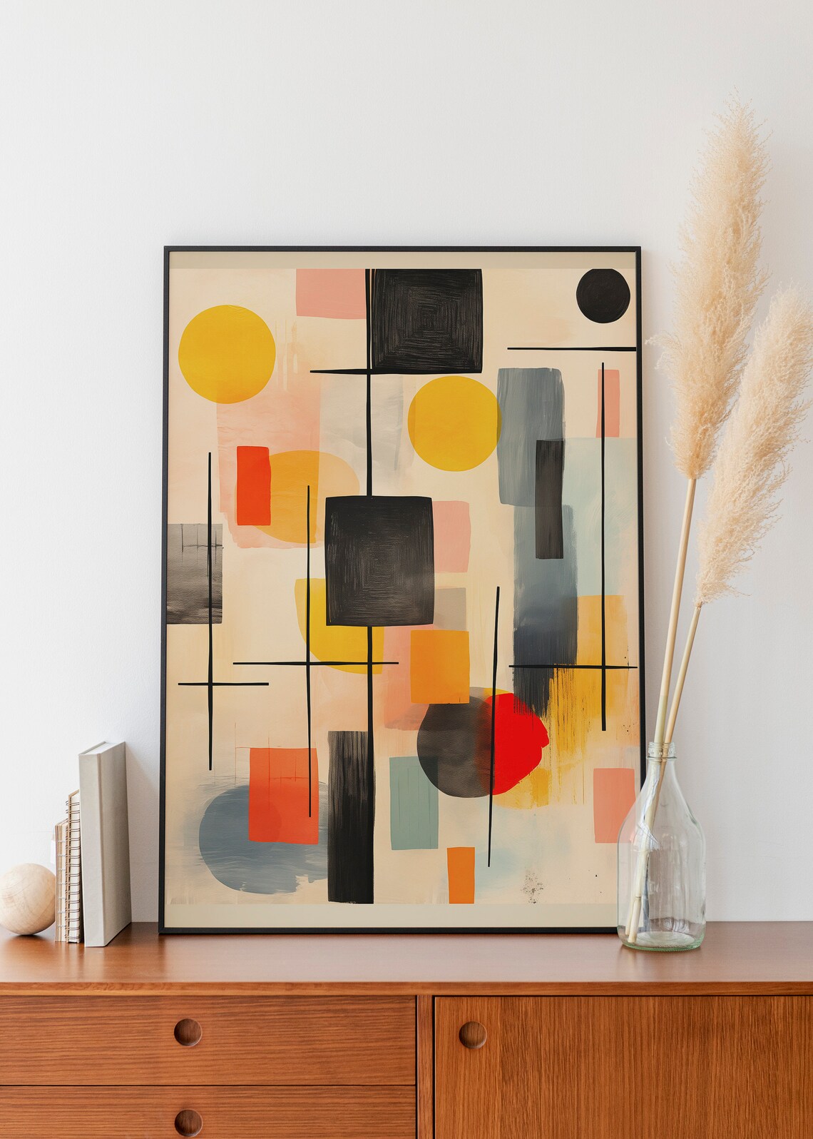 Mid Century Yellow Black Geometric Lines Abstract Modern Art Print