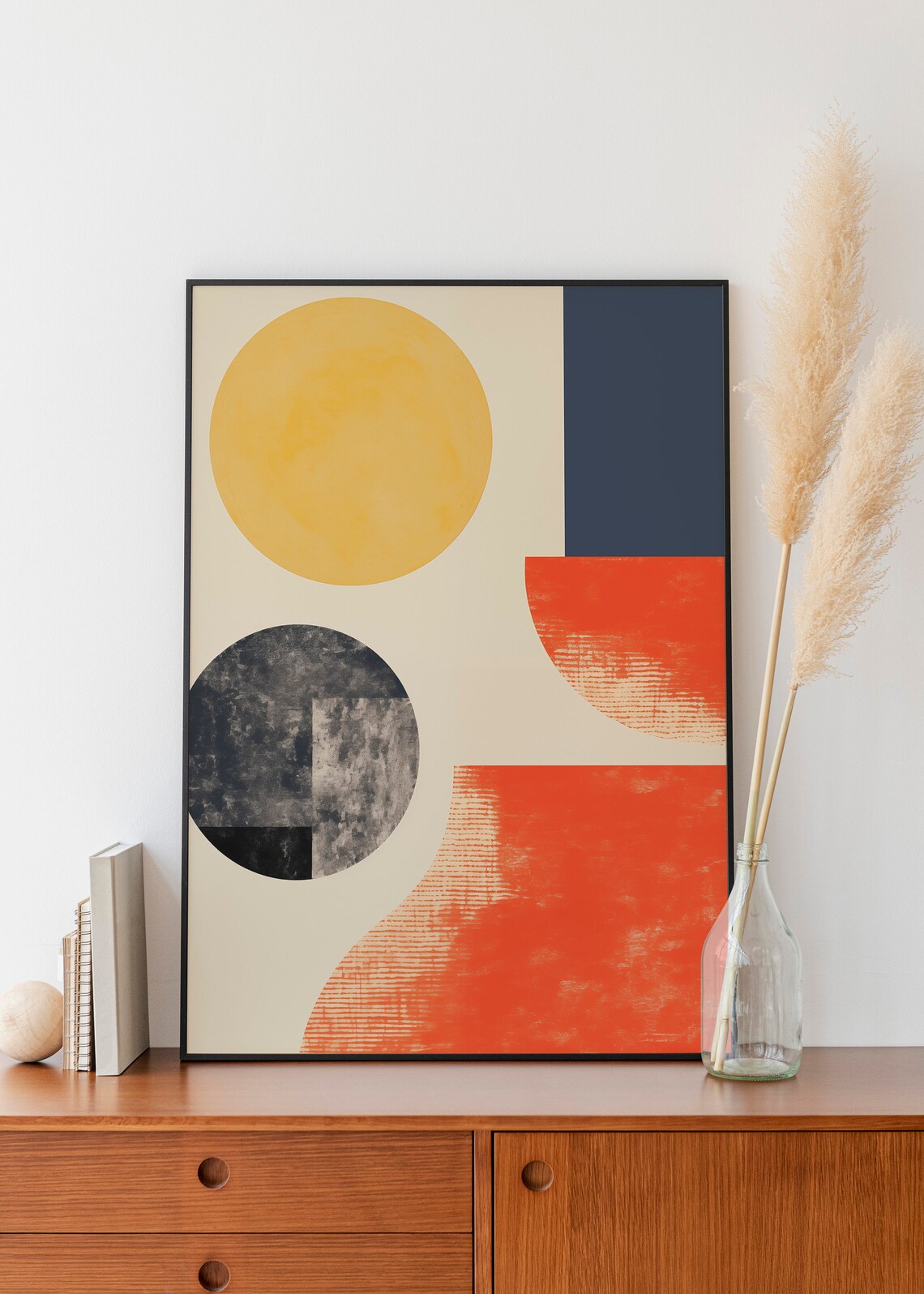 Mustard Yellow Navy Coral Abstract Shapes Mid Century Art Print