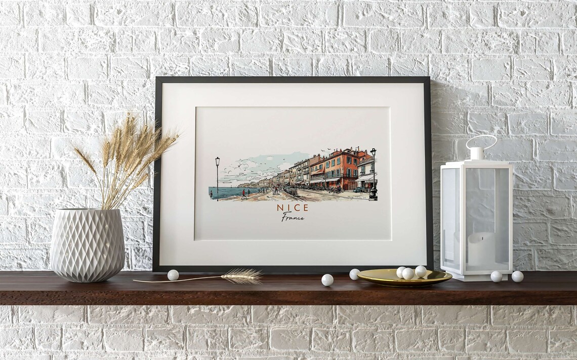 Nice France Seaside Promenade Waterfront Watercolor Art Poster - Image 2