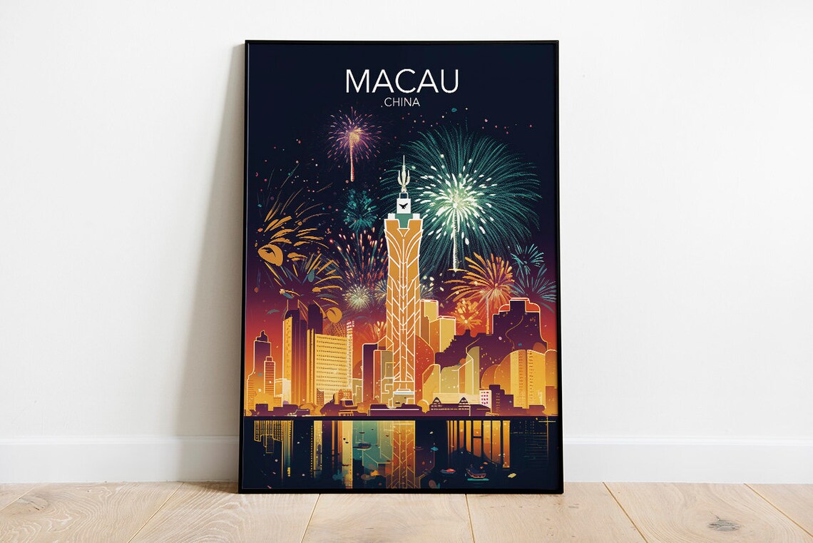 Macau Night Skyline Fireworks Casino Tower China Vintage Travel Poster