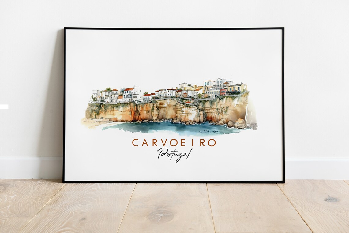 Carvoeiro Portugal Clifftop Village Ink Watercolor Travel Poster