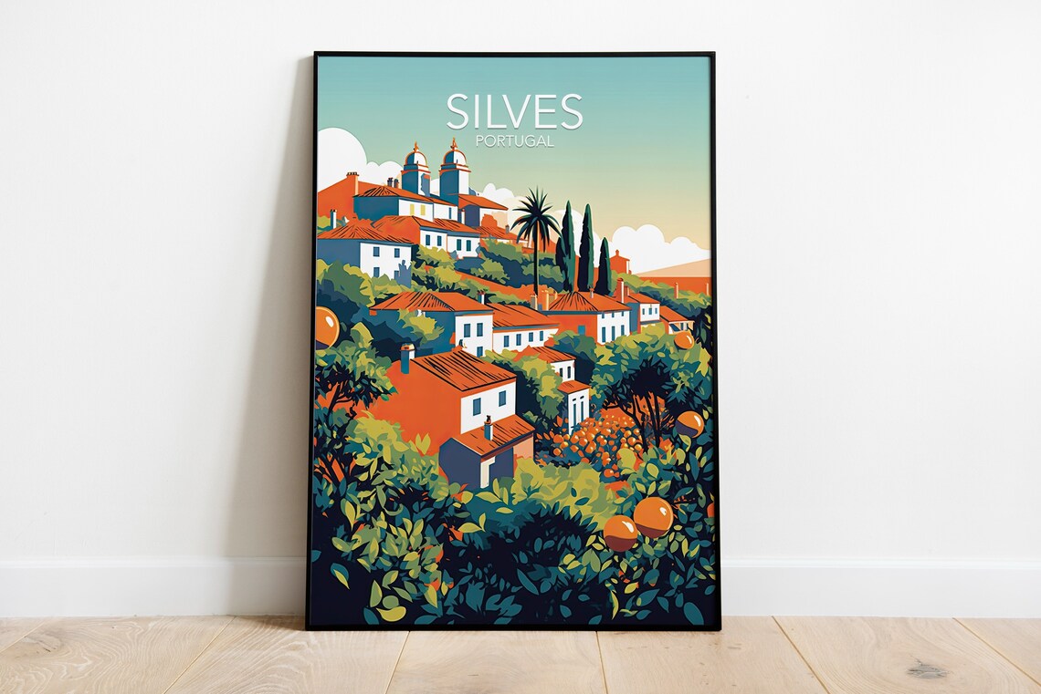Silves Portugal Hilltop Village Orange Groves Modern Travel Poster
