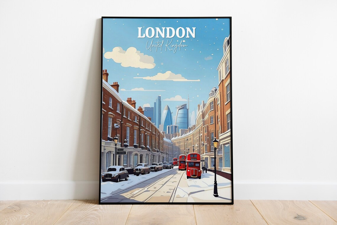 London Winter Street Snowy City Scene Red Double Decker Bus Poster