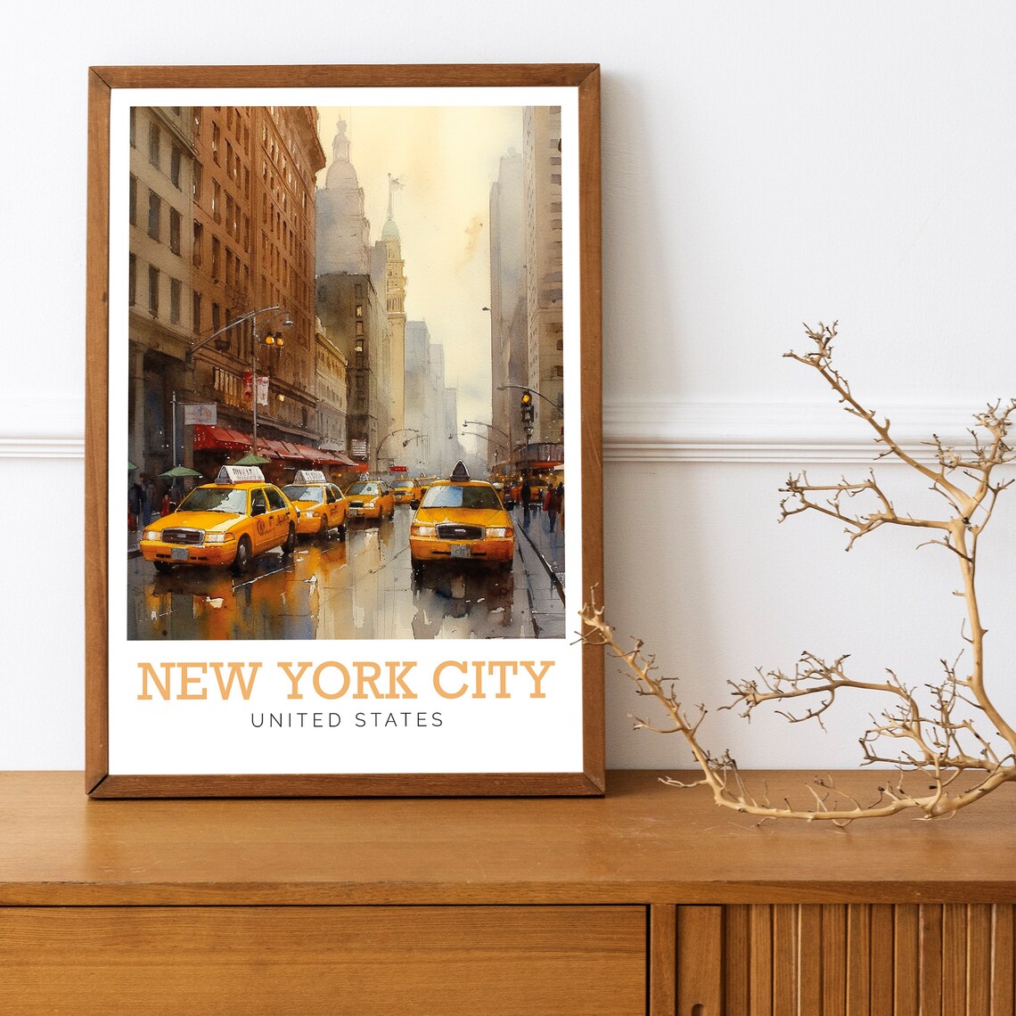 New York City United States Yellow Taxi Street Watercolor Poster - Image 2