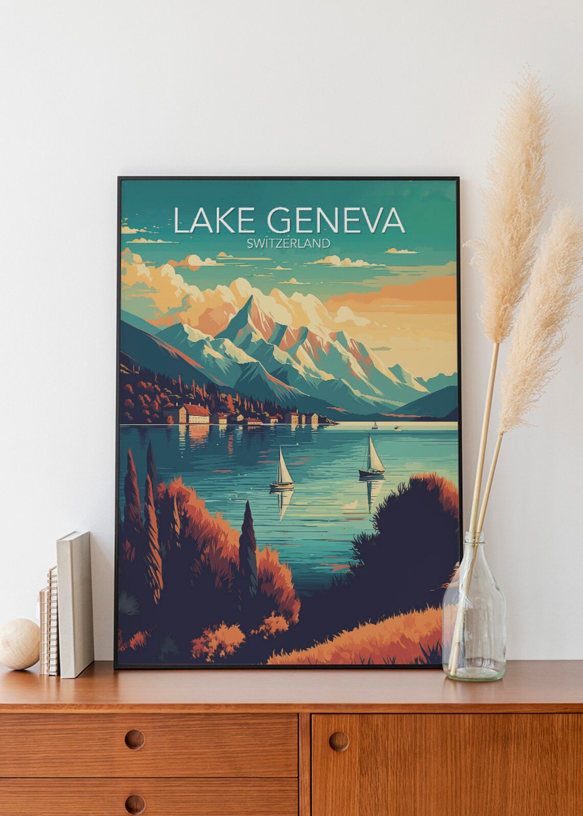 Lake Geneva Sailboats Alpine Peaks Switzerland Sunset Travel Poster - Image 2