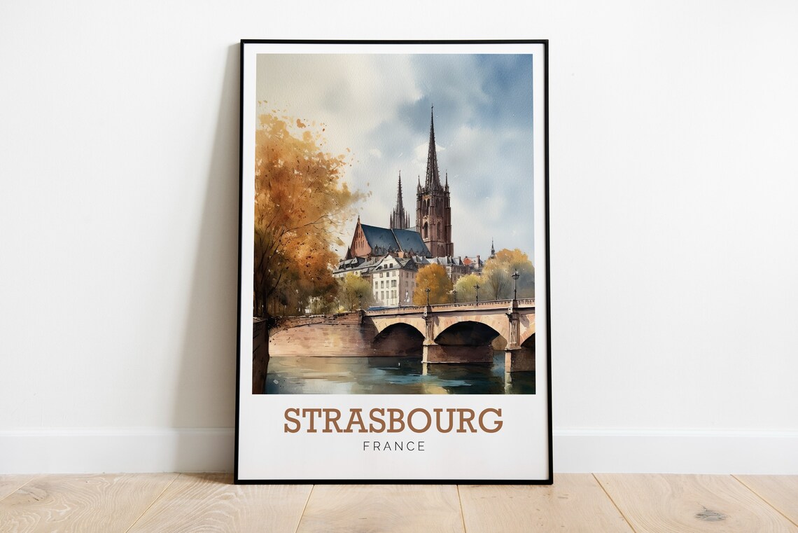 Strasbourg France Cathedral Bridge Watercolor Art Travel Poster