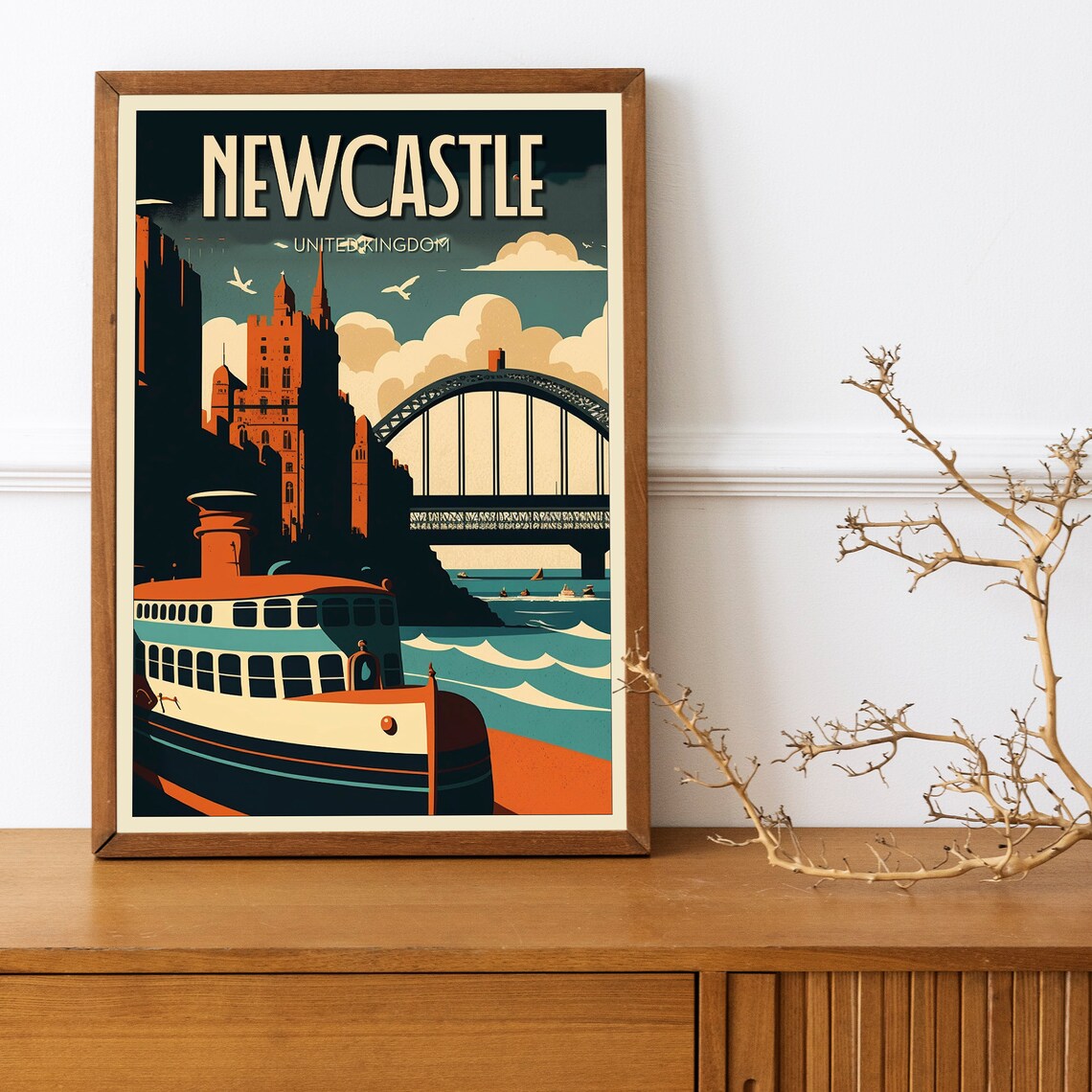 Newcastle United Kingdom Tyne Bridge Riverfront Vintage Travel Poster - Image 2
