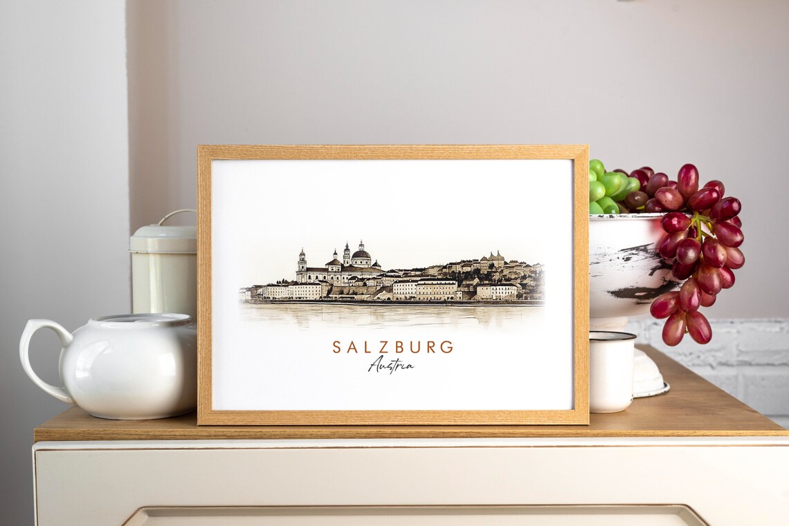 Salzburg Austria Historic Skyline Cathedral Fortress Ink Poster - Image 3