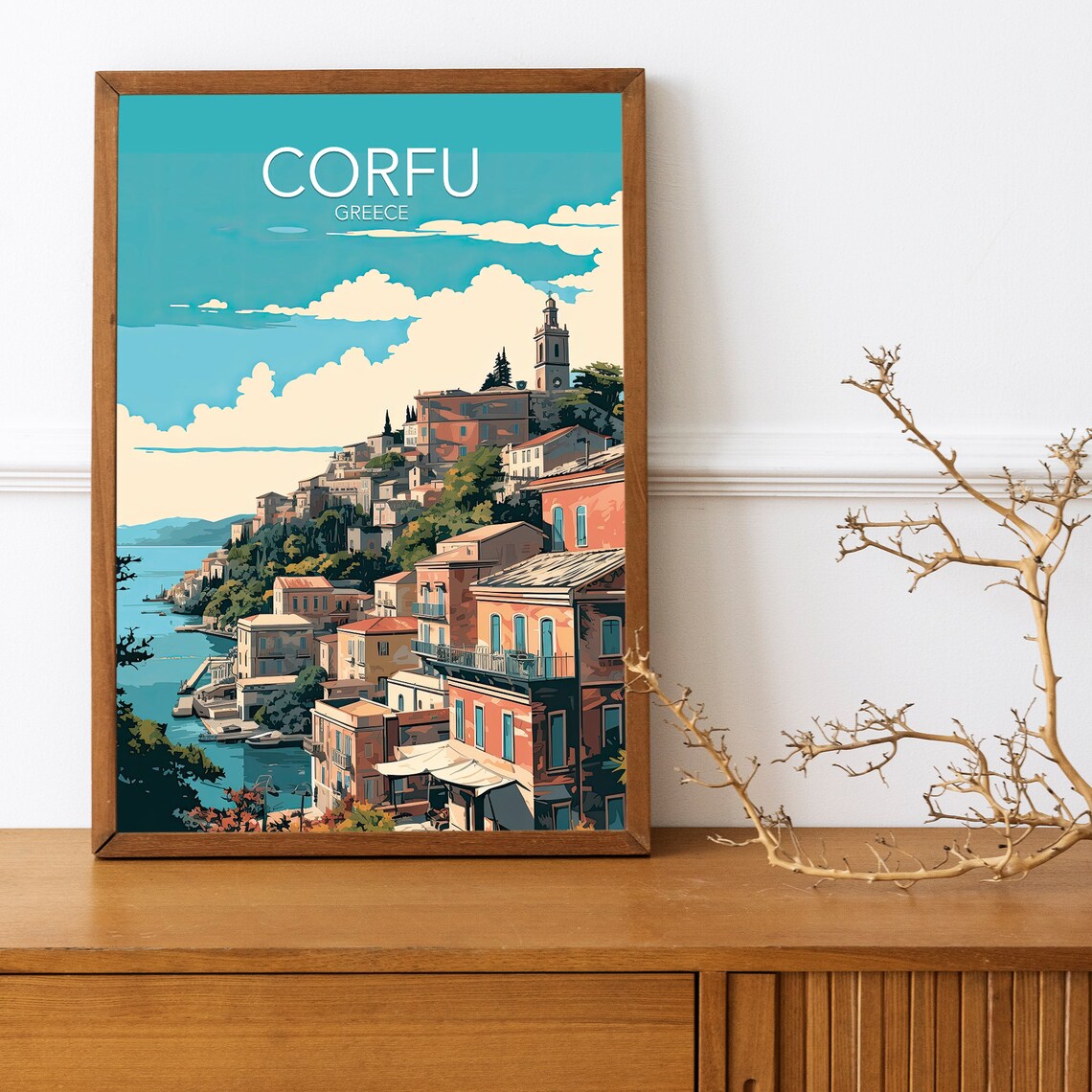 Corfu Greece Coastal Hillside Town Sea View Travel Art Poster
