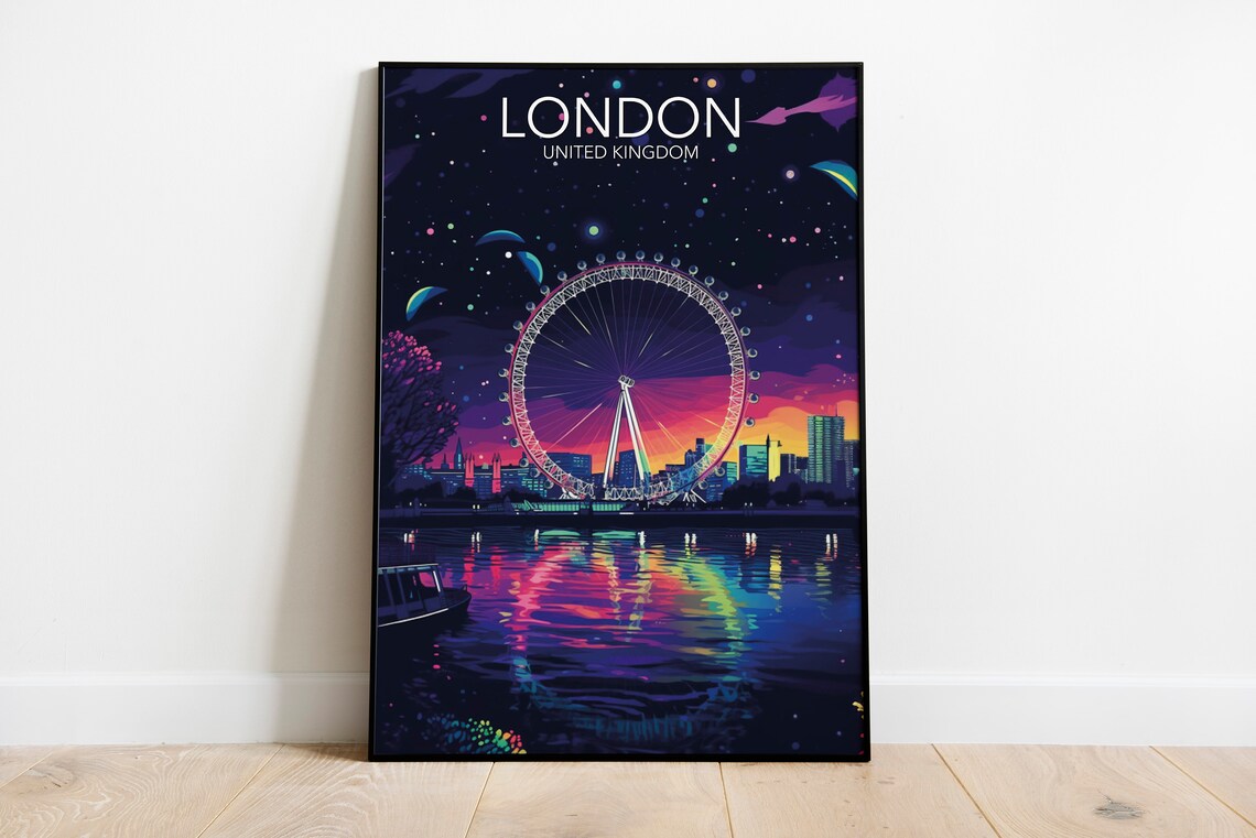 London Eye Ferris Wheel Night Sky Neon Colors Modern Travel Poster - Image 2