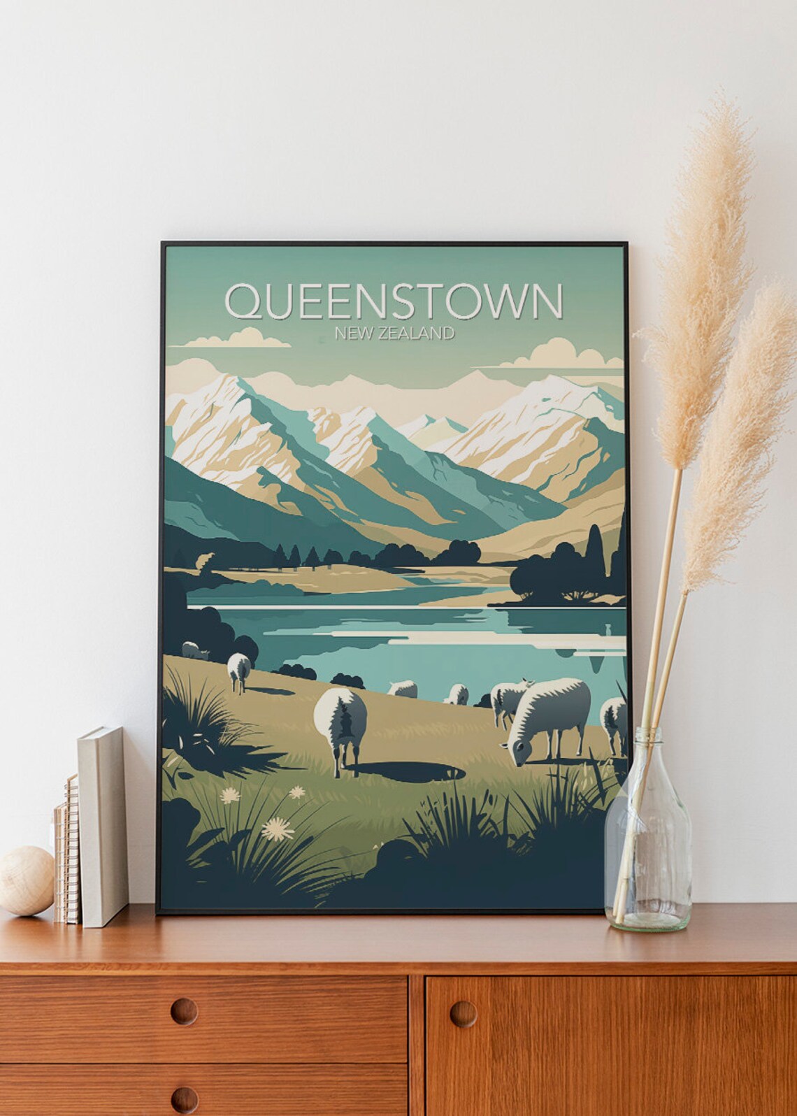 Queenstown New Zealand Lake Mountain Sheep Pasture Art Poster - Image 2