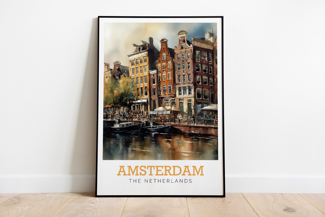 Amsterdam Netherlands Canal Houses Boats Watercolor Travel Poster