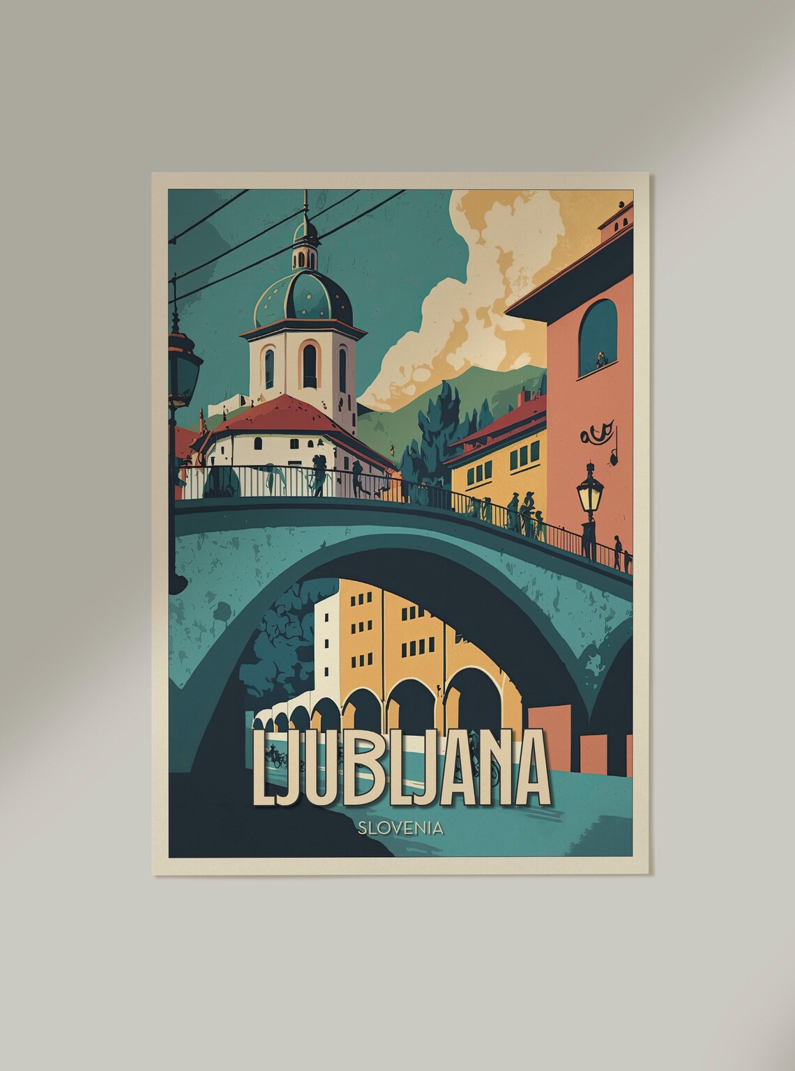 Ljubljana Slovenia Triple Bridge Riverside Vintage Travel Poster - Image 2