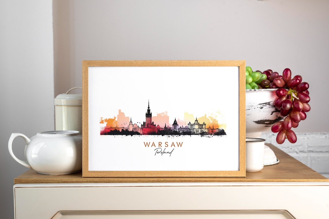 Warsaw Poland Dramatic City Sunset Skyline Ink Watercolor Poster - Image 3