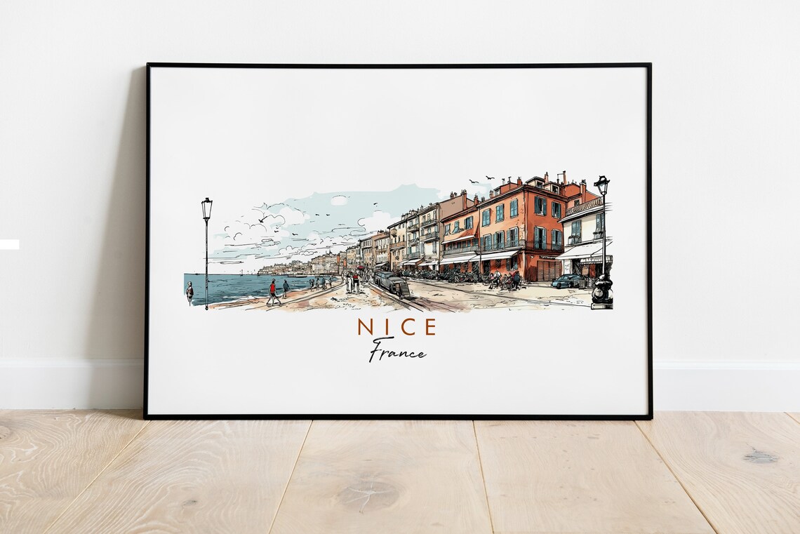 Nice France Seaside Promenade Waterfront Watercolor Art Poster