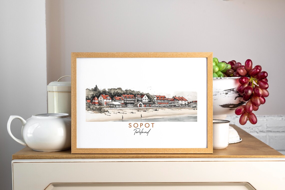 Sopot Poland Seaside Beach Town Red Roof Resort Watercolor Poster - Image 3