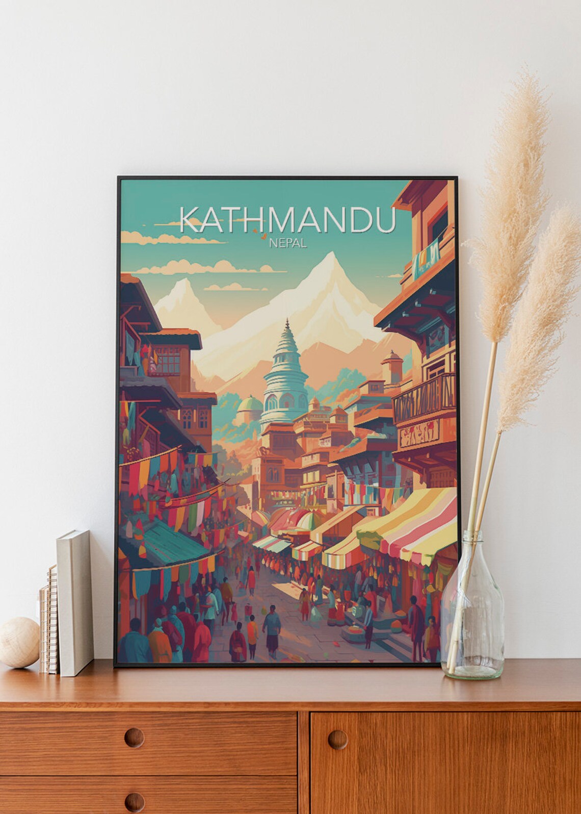 Kathmandu Temple Street Himalayan Peaks Nepal Vintage Travel Poster - Image 2