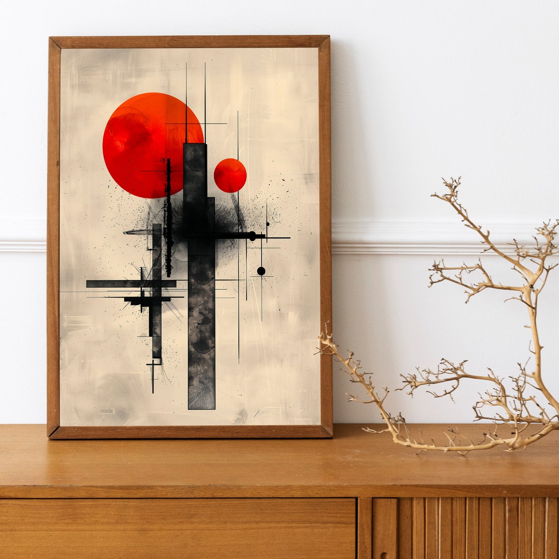 Bold Red Sun Black Geometric Line Minimalist Boho Abstract Art Print - Image 3