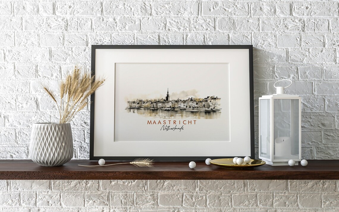 Maastricht Netherlands Riverside Town Skyline Ink Art Poster - Image 2