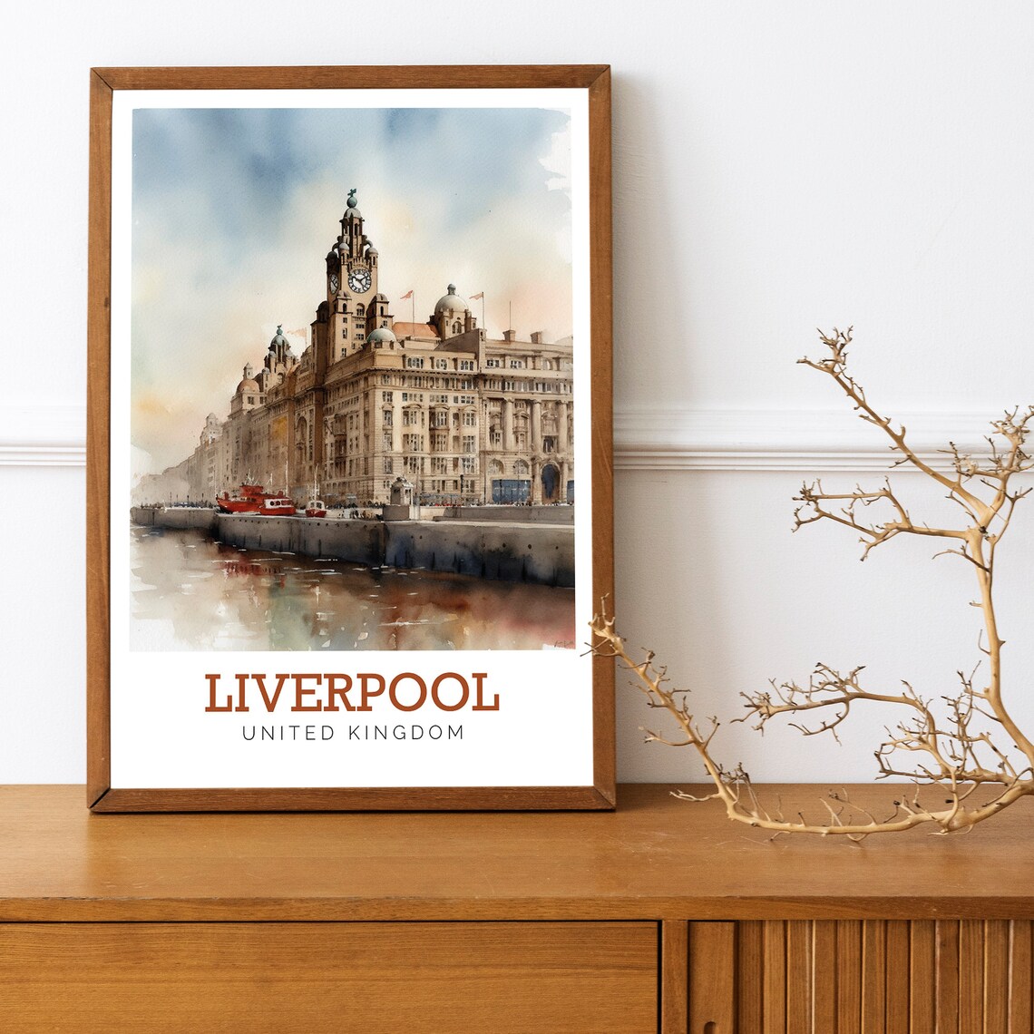 Liverpool UK Waterfront Clock Tower Watercolor Art Travel Poster - Image 2