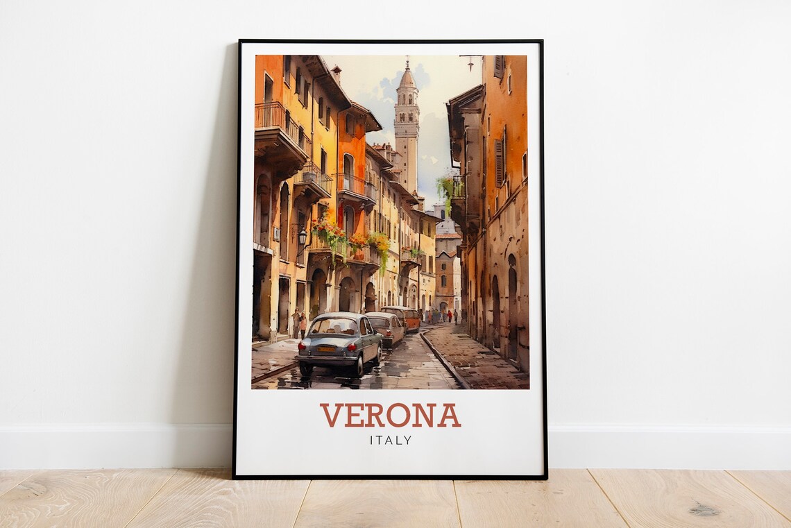 Verona Italy Historic Street Old Tower Watercolor Travel Poster