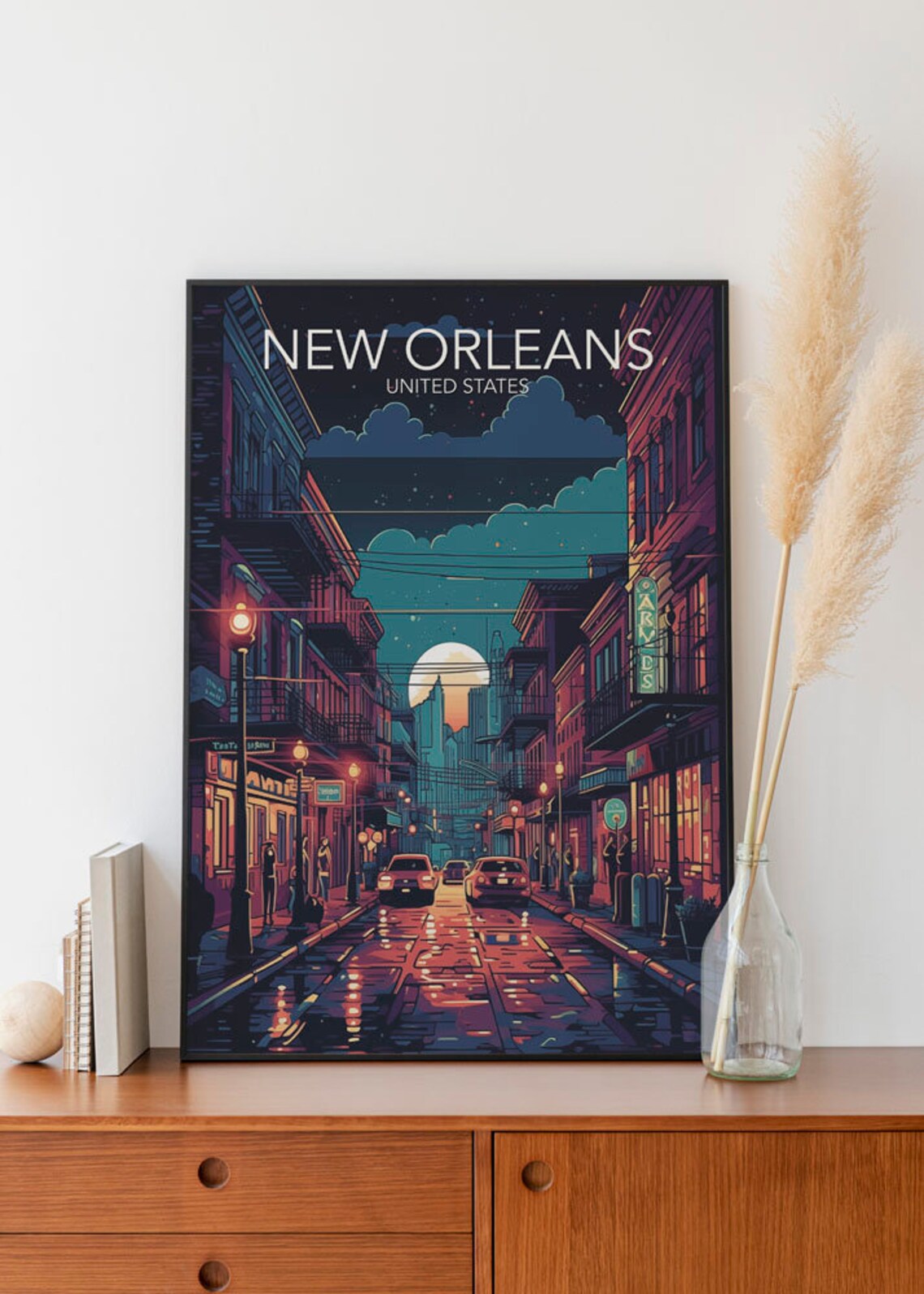 New Orleans Louisiana Moonlit Neon Night Street Scene Poster - Image 2
