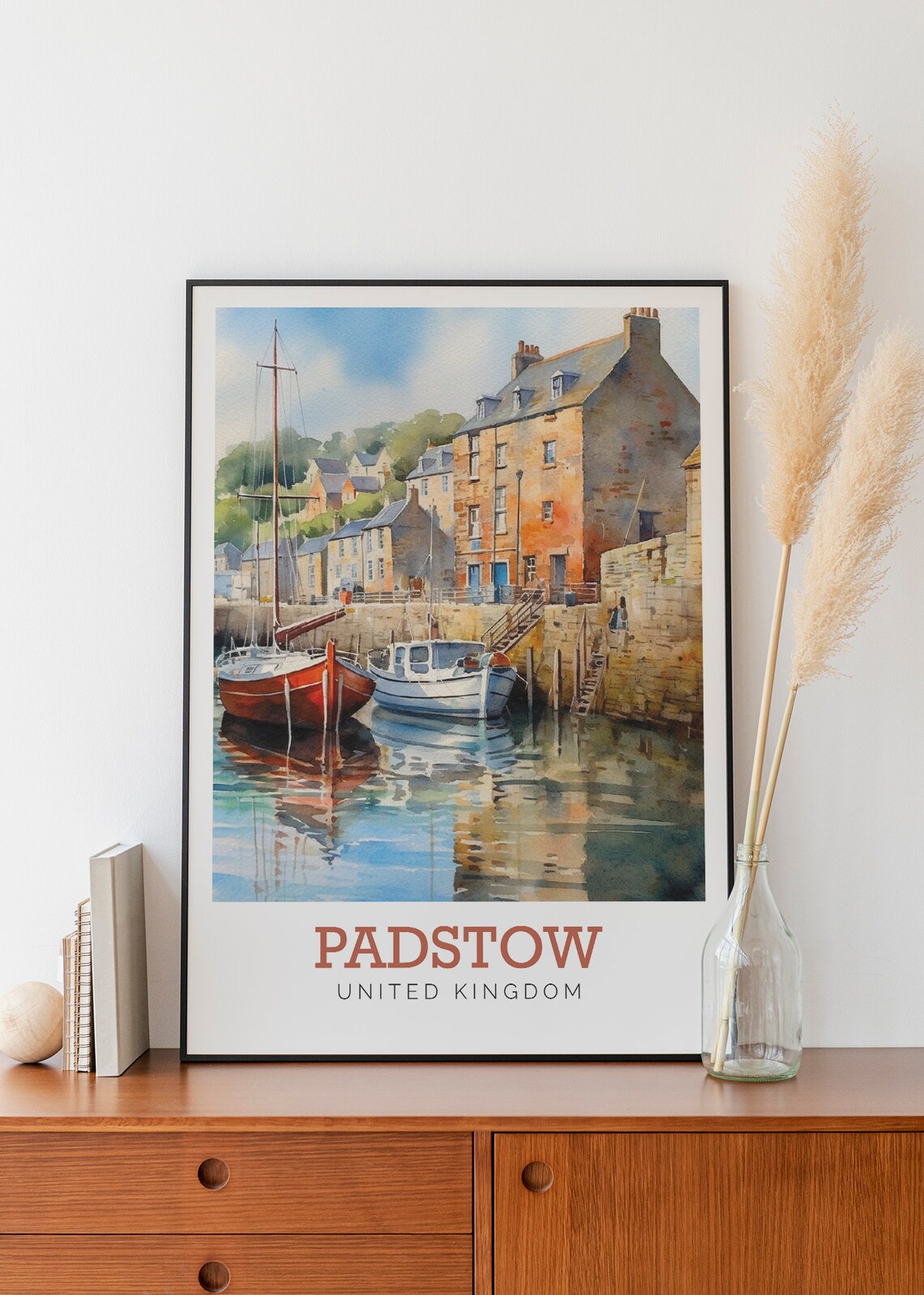 Padstow United Kingdom Cornish Harbor Boats Watercolor Travel Poster - Image 3