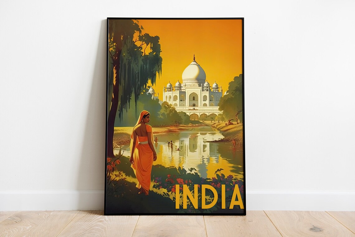 India Taj Mahal Golden Sunset Reflection Vintage Travel Poster