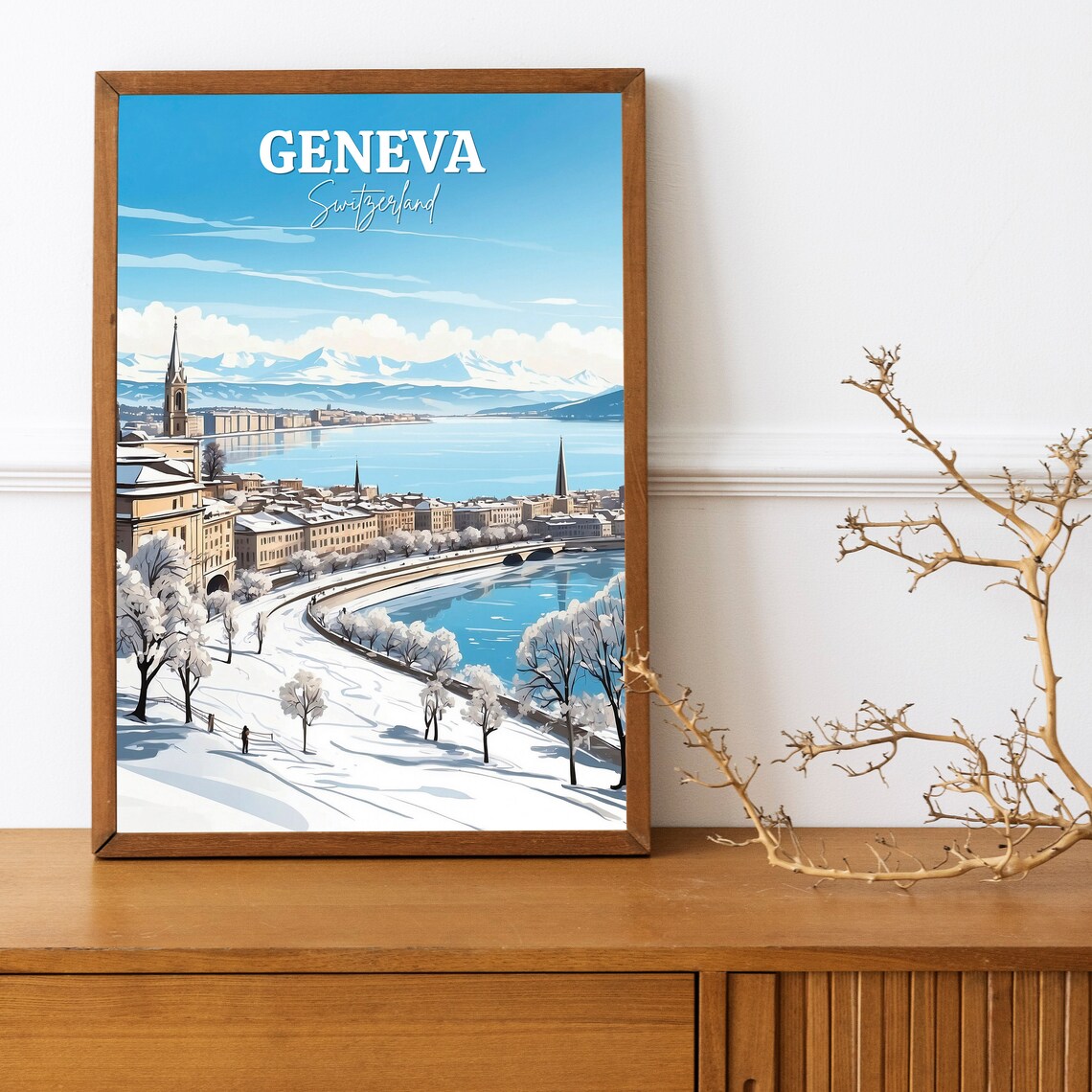 Geneva Switzerland Lake Winter Snowy Waterfront City View Poster - Image 3