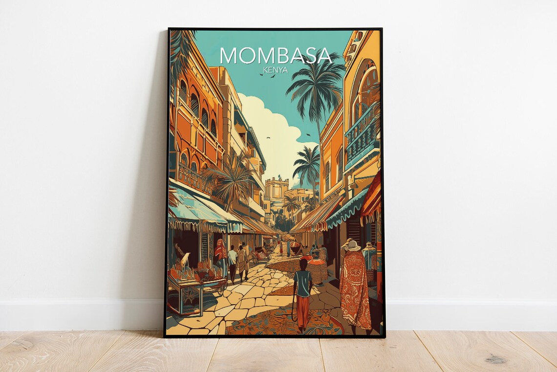 Mombasa Kenya Old Town Palm Street Market Tropical Art Poster